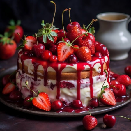 Delicious Cake with Strawberry and Cherry Topping Generative AIの素材