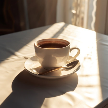 Cup of Coffee on the White Table in Sunlight Generative AIの素材