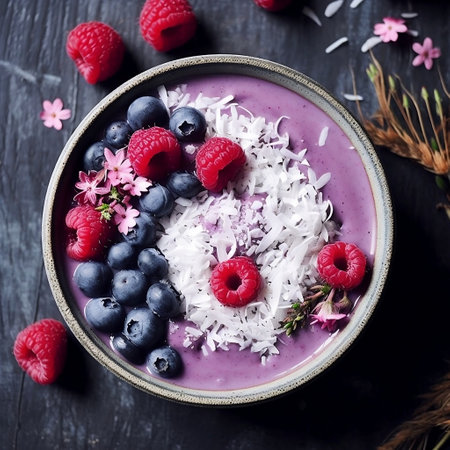 Delicious Smoothie Bowl with Berries and Dried Coconut Generative AIの素材
