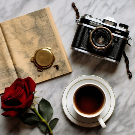 Coffee, Roses, Retro Camera, and Gold Stationery on the Table Generative AIの素材