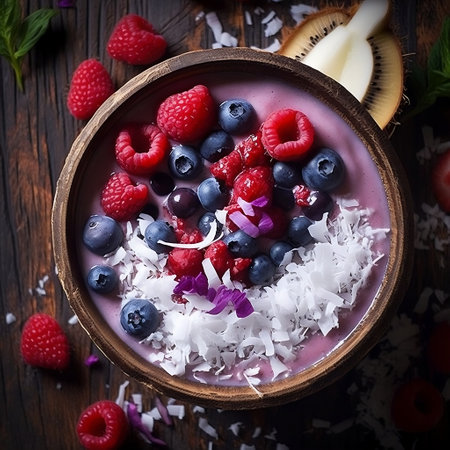 Delicious Smoothie Bowl with Berries and Dried Coconut Generative AIの素材