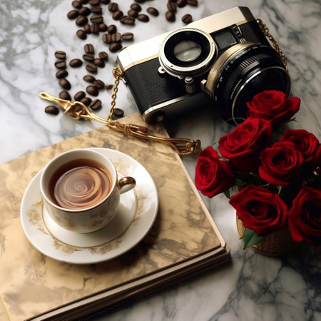 Coffee, Roses, Retro Camera, and Gold Stationery on the Table Generative AIの素材