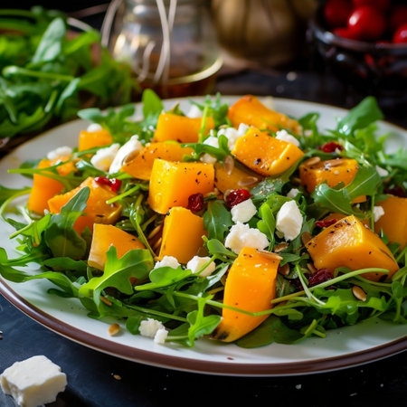 Delicious Seasonal Salad with Pumpkin or Squash and Arugula Generative AIの素材
