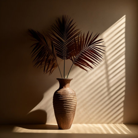 Dried Palm Leaves in Vase with Shadows on the Wall Generative AIの素材