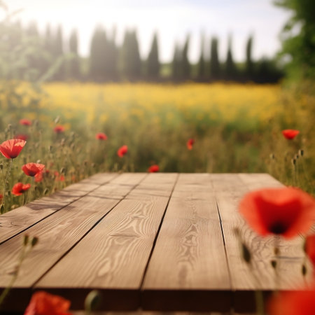 Empty Wooden Table with Beautiful Blurred Summer Pop Generative AIの素材