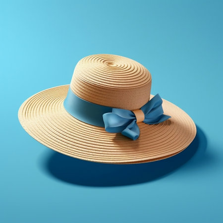Feminine Straw Hat with Wide Fields on Blue Background Generative AIの素材