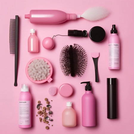 Hair Care Items on Pink Background Generative AIの素材