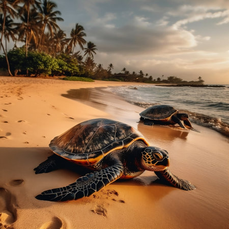Resting Giant Turtles on Maui's Sandy Beach in Hawaii Generative AIの素材