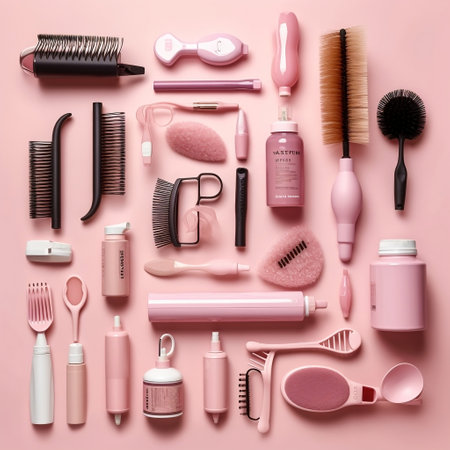 Hair Care Items on Pink Background Generative AIの素材