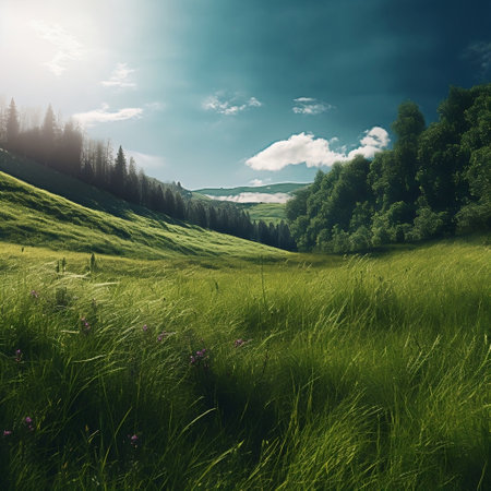 Sunny Day on Green Meadow Covered with Grass Generative AIの素材