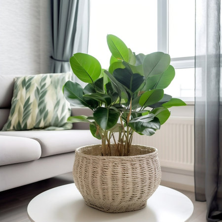 Green Plant in a Decorative Basket in Modern Interior Generative AIの素材