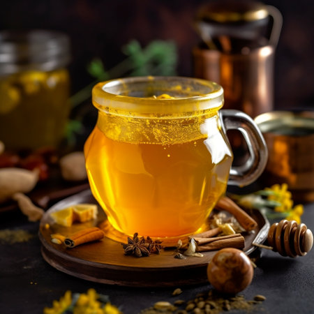 Close-Up of Golden Tea Drink with Turmeric and Honey Generative AIの素材
