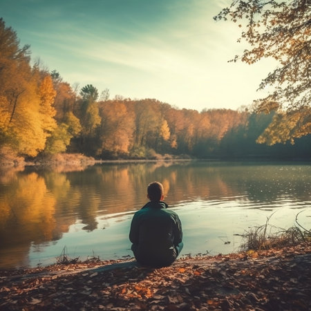 Man Sitting near Peaceful Lake - Back View Generative AIの素材