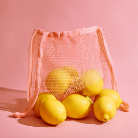 Mesh Shopping Bag with Lemons on Pink Generative AIの素材