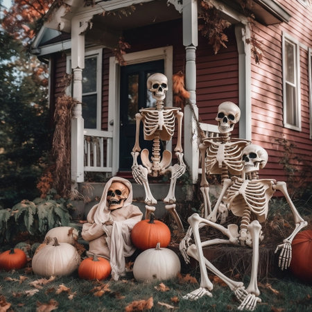 Halloween Decorations Near the House Skeleton and Pumpkins Generative AIの素材