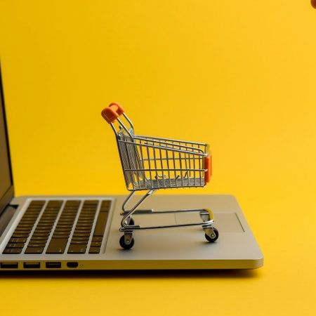 Hand Holding Mini Shopping Trolley near Opened Store Generative AIの素材