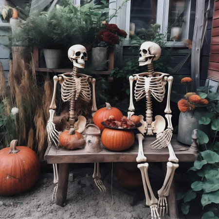 Halloween Decorations Near the House Skeleton and Pumpkins Generative AIの素材