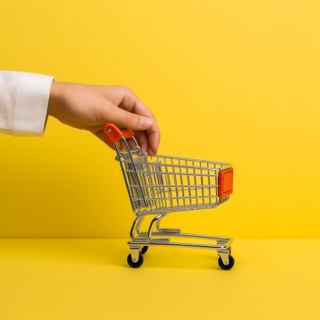 Hand Holding Mini Shopping Trolley near Opened Store Generative AIの素材