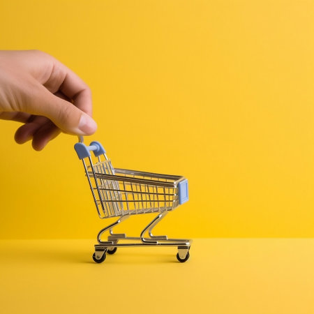 Hand Holding Mini Shopping Trolley near Opened Store Generative AIの素材