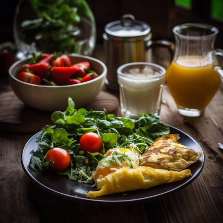 Healthy Breakfast: Omelette, Salad, Juice, Coffee Generative AIの素材