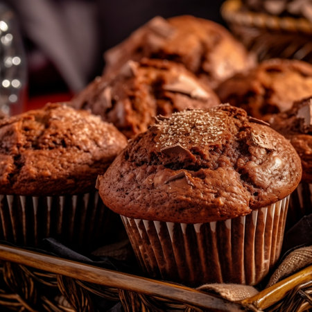 Delicious Homemade Chocolate Muffins Close-Up Generative AIの素材