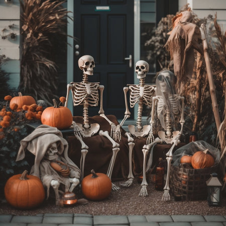 Halloween Decorations Near the House Skeleton and Pumpkins Generative AIの素材
