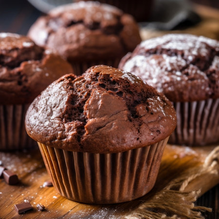 Delicious Homemade Chocolate Muffins Close-Up Generative AIの素材