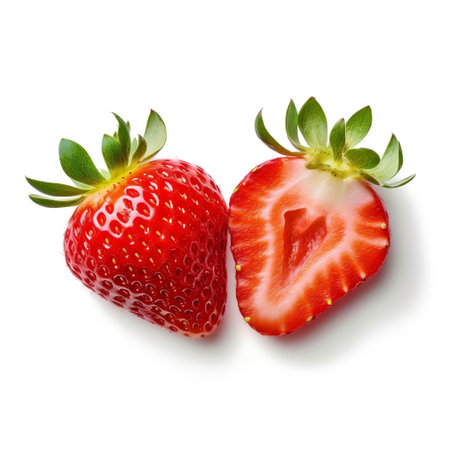 Halves of Strawberries on White Background Generative AIの素材