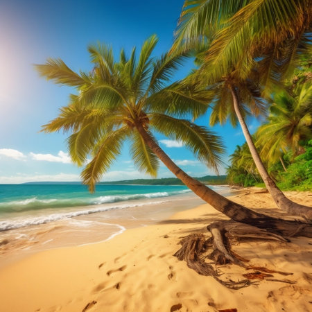 Sunny Tropical Beach with Palms Summer Generative AIの素材