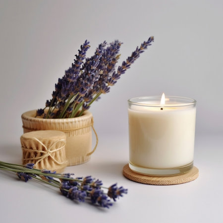 Natural Wax Candle with Label and Vase Generative AIの素材