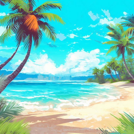 Sunny Tropical Beach with Palms Summer Generative AIの素材