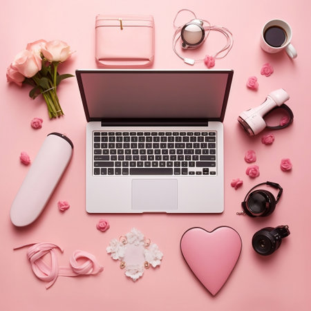 Laptop with Roses and Accessories Generative AIの素材