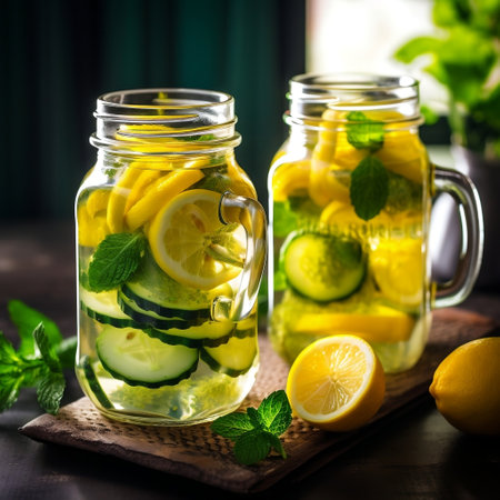 Detox Water with Lemon and Cucumber in Glass Jars Generative AIの素材