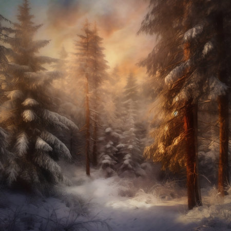 Winter Glow Snow Covered Pine Trees Generative AIの素材