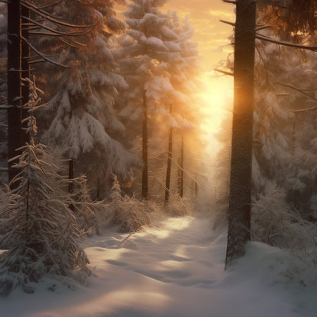 Winter Glow Snow Covered Pine Trees Generative AIの素材