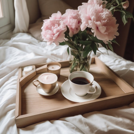 Peonies and Coffee on Wooden Tray in Bed Generative AIの素材