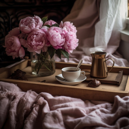 Peonies and Coffee on Wooden Tray in Bed Generative AIの素材