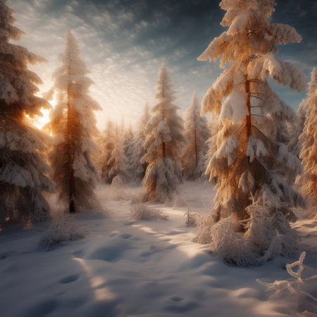 Winter Glow Snow Covered Pine Trees Generative AIの素材