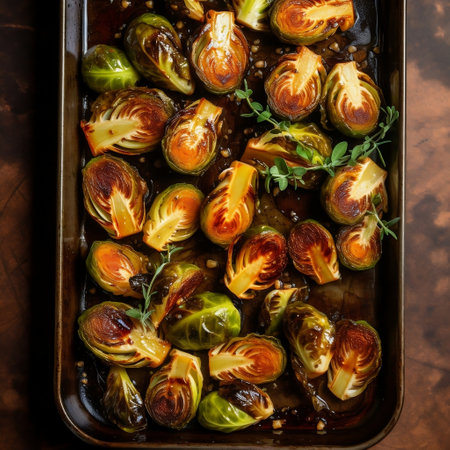 Top View of Roasted Brussels Sprouts on Tray Generative AIの素材