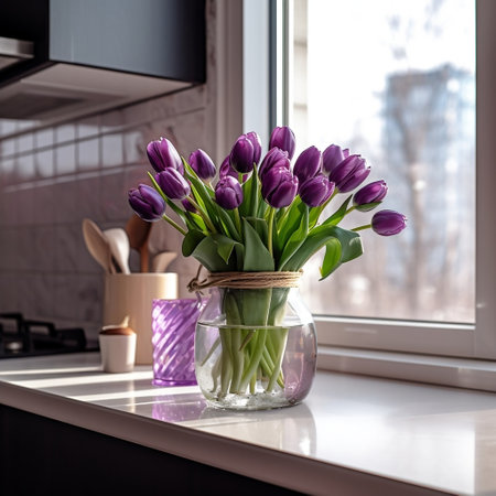 Modern Elegance Purple Tulips in Glass Jar Generative AIの素材