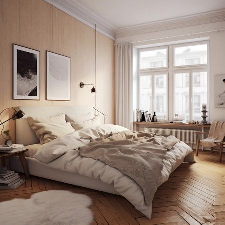 White and Neutral Scandinavian Bedroom Generative AIの素材