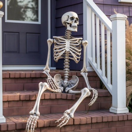 Spooky Halloween Decor Skeleton on Stairs Outside House Generative AIの素材