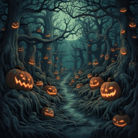 Eerie Forest Crooked Trees and Carved Pumpkins Generative AIの素材