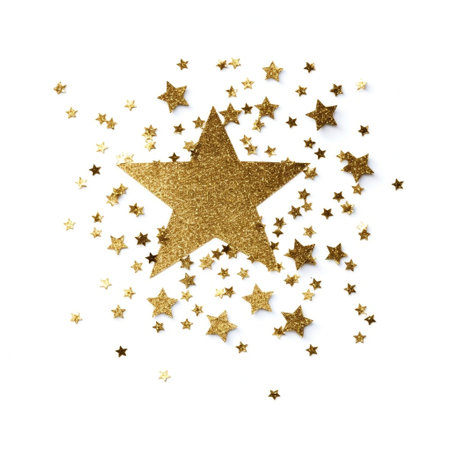 Isolated Golden Glitter Star Confetti on White Background Generative AIの素材