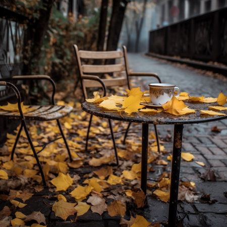 Yellow Leaves Fallen Street Cafe Table Setting Generative AIの素材