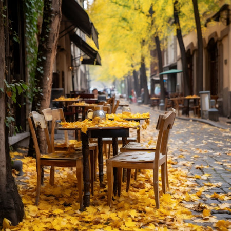 Yellow Leaves Fallen Street Cafe Table Setting Generative AIの素材