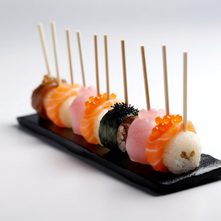 Sushi on Black Wooden Sticks on White Background Generative AIの素材