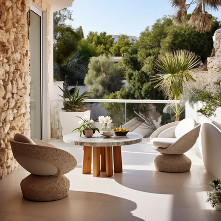 Modern Stylish Chairs and Stone Table on Spacious Patio Generative AIの素材