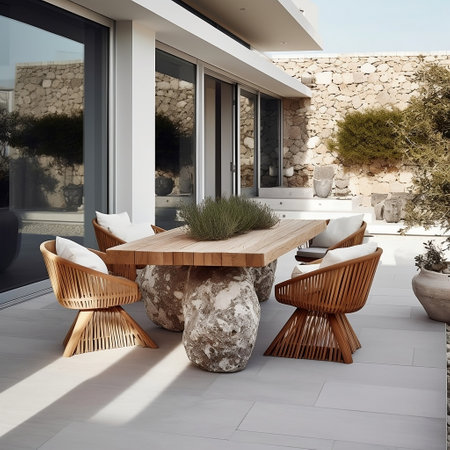 Modern Stylish Chairs and Stone Table on Spacious Patio Generative AIの素材