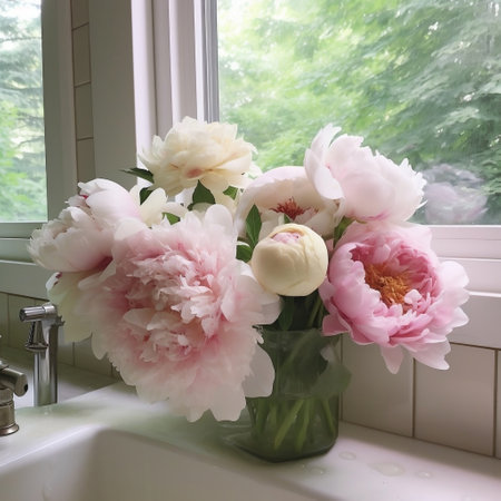 Fresh White and Pink Peonies from Garden Generative AIの素材